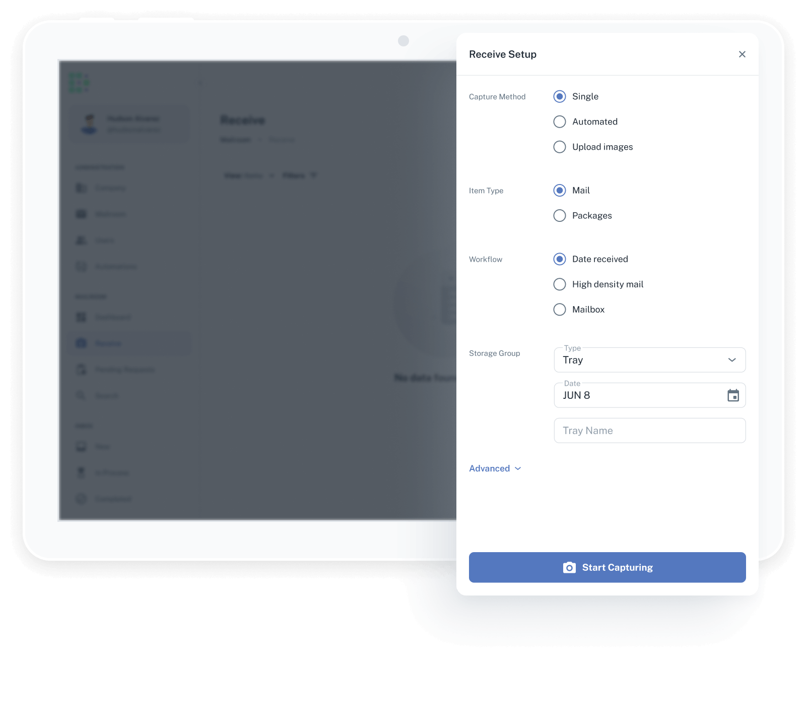 Tablet showing workflow options